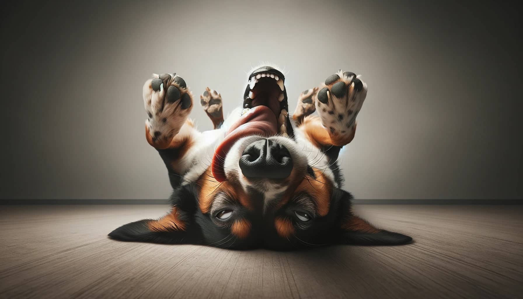 adorable scene of a dog playing dead, lying on its side with its paws in the air and tongue lolling out